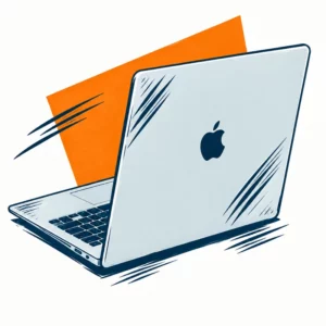 Rysowany srebrny MacBook z logo Apple na klapie i pomarańczowym akcentem