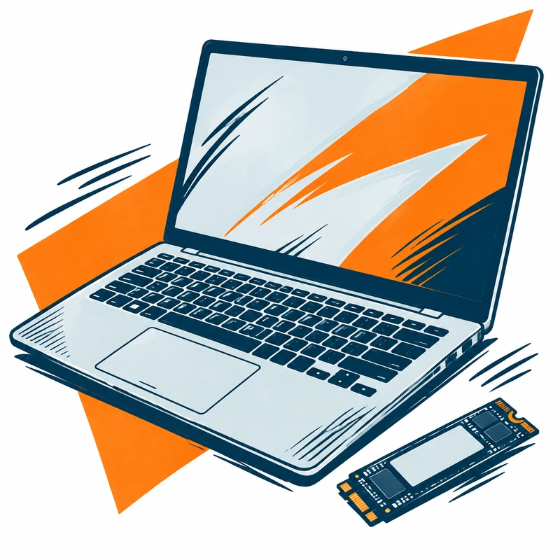 Rysowana ilustracja laptopa i podzespołu z pomarańczowym akcentem